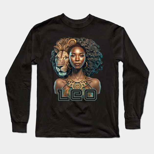 Black Leo Zodiac Sign Woman Long Sleeve T-Shirt by SassyElevate2